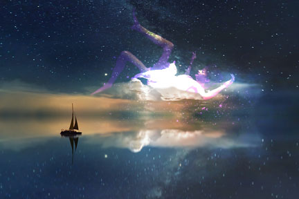 dream-like image of boat floating through space with a galaxy in the background